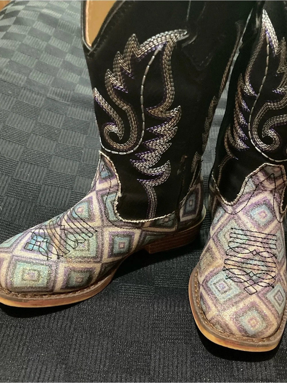 Roper Black Shaft Cowgirl Boots with Purple and Teal Geometric Toe